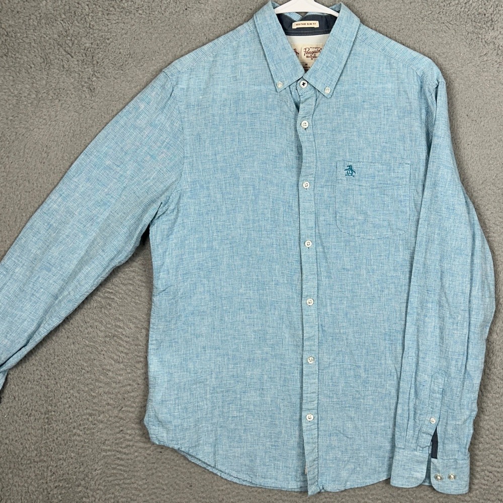 Original Penguin Linen Blend Shirt Men Medium Heritage Slim Fit Blue Button Down